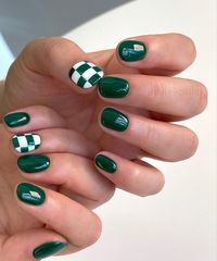 Forest green and white checkerboard nails