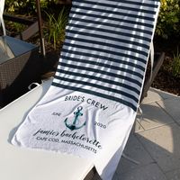 The perfect bachelorette towels for your "Nauti" party! Our nautical anchor bridal party beach towels are the perfect way for your crew to get all the attention everywhere you and your gals go! Add your custom wording to this design by using the "Edit this design template" boxes on the right hand side of the item, or click the blue "Customize it" button to arrange the text, change the fonts and colours and to also add additional information or images to this design. If you need any coordinating