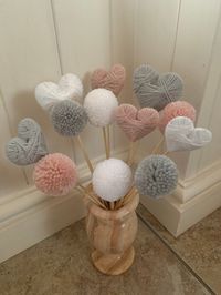 Handmade set of 12 blush pink , light grey and white .. 6  Pom Poms 1/half inch and 6 2 different size love hearts 2/half inch & 2 inch, on bamboo sticks at different sizes , approximately 29-22 cm in length .. unique gift idea perfect anniversary gift birthday gift or just for yourself..posted in a large letter box with tissue paper & gift tag, other colours are available just send me a message if you want colours swapped for others colours, they looks great on there own or added to your flower