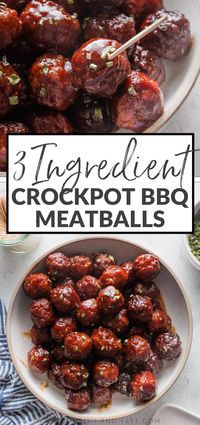 Crockpot BBQ Meatballs use just 3 ingredients and less than 5 minutes prep, yet are the ultimate party appetizer or ultra-easy dinner served over egg noodles or mashed potatoes. A few short hours in the slow cooker delivers tender, juicy meatballs coated in a sticky, sweet BBQ glaze.