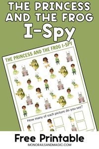 This free printable The Princess and the Frog I spy activity includes simple images from the movie. Find them, count them, then record how many.