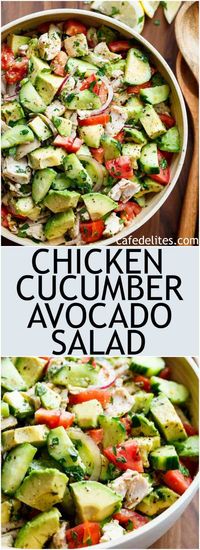 Quick And Simple Chicken Cucumber Avocado Salad is so easy to make! A perfect salad to throw together at any time of the day with NO COOKING! | https://cafedelites.com