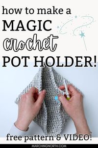 Learn how to make a super thick and easy crochet pot holder in this step by step tutorial and video! It's a fun project that's super useful and very beginner friendly. | fall crochet patterns | crochet potholders | quick crochet potholder | cotton yarn crochet potholder | free crochet patterns | beginner crochet patterns | double thick crochet pot holders | magic folded potholder pattern