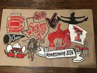 Texas Tech University, Cheerleader, homecoming custom painted brown/Kraft paper banner, featuring all things traditional Texas Tech, Wreck 'em, raider red, Jones Att stadium