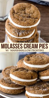 These molasses cream pie cookies are chewy, flavorful and completely irresistible. They feature 2 super soft ginger molasses cookies with creamy, fluffy marshmallow frosting. These are even more delicious than Lil Debbie Oatmeal Cream Pies - and perfect for the holidays too. #sandwichcookies #creampies #gingermolassescookies #gingercookies #molassescookies #marshmallowfrosting #frosting from Just So Tasty