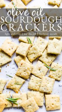 Make crisp and tasty homemade sourdough crackers using your sourdough discard (inactive starter). This simple recipe utilizes olive oil, sourdough discard, all purpose flour, and seasonings to create flavorful, and tender sourdough crackers delicious for scooping up dips, enjoying with cheese, soups, or as a snack. This recipe is vegetarian and vegan. 