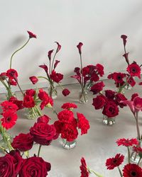 Vases with red flowers. Modern flowers.  Roses, Carnations, Tulips, Gerberas, Amaryllis and Calla lilies.