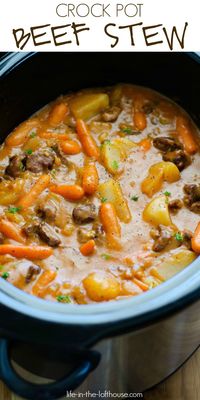 Slow Cooker Beef Stew is hearty pieces of beef and vegetables slow cooked in gravy. Life-in-the-Lofthouse.com