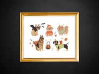 Adorable art print illustration of dogs in Halloween costumes. A cute and easy way to decorate for Halloween.