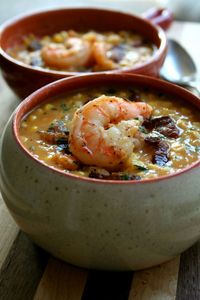 Sweet Corn, Peppered Bacon and Shrimp Chowder