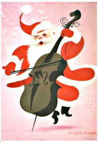 vintage Christmas Santa playing bass fiddle, artist: Ralph Hulett, pink background