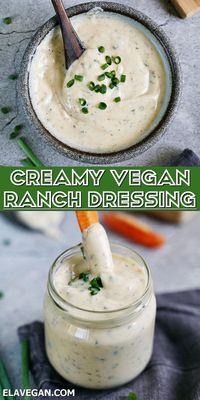 This vegan ranch dressing is super flavorful, creamy, tangy, and takes less than 5 minutes to prepare with simple pantry ingredients! Even better, this dairy-free ranch recipe is also gluten-free, and you can make it oil-free/nut-free. In no time at all, you have a delicious herby vegan salad dressing, dip, spread, or sauce! #veganranchdressing #veganranch #dairyfreeranch #ranchdip #ranchdressingrecipe #elasrecipes | elavegan.com