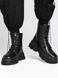 Men Minimalist Lace-Up Front Combat Boots, Fashion Outdoor Boots ,Style With Jeans Black     Plain Combat Boots   Men Shoes, size features are:Bust: ,Length: ,Sleeve Length: