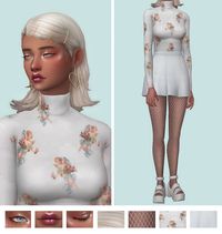 eyeshadow - lips - eye highlight - cheek highlight - hair - earrings - top - skirt - shoes - fishnets (base game) @pixelette-cc @chanel-simblr @goppolsme @grimcookies @tiptoptab @alhajero