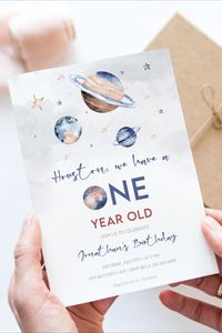 Editable Outer Space First Birthday Invitation Galaxy Houston We have One year old Download Printable Template Digital Corjl