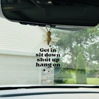 Clear round acrylic car mirror charm with wood bead accents | accent your car with cute saying | twine included for hanging | choose between 3 font color options