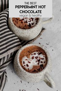 A delicious, creamy 5 ingredient peppermint hot chocolate that is actually healthy for you. Creamy thanks to almond butter and sweetened with dates, this is a must try! #chocolate #almondbutter #veganhotchocolate #hotchocolate #healthyrecipe