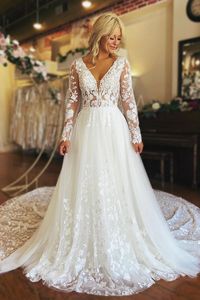 A-Line V Neck Long Sleeve Tulle Lace Wedding Dresses VK23112506 – Vickidress