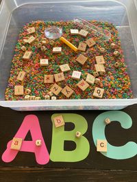 This bin is perfect for preschoolers just learning letter names or older elementary kids who want a fun way to practice spelling and sight words!   Match letters, put letters in alphabetical order, practice fine motor skills while using the tongs to select letters to spell out words, or just have fun scooping and pouring the pasta!  There are countless ways to play with this sensory bin! Sensory bins are beneficial for all ages!  Using multiple senses in open ended play helps the brain focus, build connections, learn, and retain information. Sensory bins encourage imagination, stimulate language and vocabulary expansion, and strengthen fine motor skills. Alphabet Sensory Kit You will receive: Rainbow colored alphabet pasta Cardstock capital letters (A-Z) Wooden bead capital letters (A-Z) w