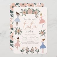 This cute " Our little girl is tutu cute! " girl's 2nd birthday invitation features a blush pink background ballerinas and flowers. The reverse side features a blush pink background with floral patterns. Personalize it for your needs. You can find matching products at my store.