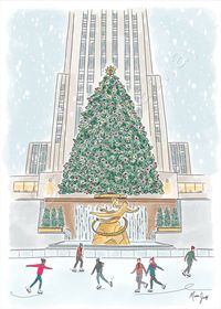 Digital illustration print of the Rockefeller Center Christmas tree and skating rink in New York City Printed on heavy weight, smooth, matte fine art paper Unframed