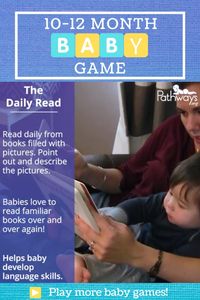 Make reading part of your baby's daily routine! At 10-12 months, you can point to pictures in a book and describe them to baby to encourage the development of their language skills. #youngreader #earlyreading #readingskills #speechandlanguage #babyactivities #reading #babybooks #pediatricslp