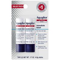 Two 0.17 ounce sticks of Aquaphor Lip Repair Lip Balm Aquaphor Lip Repair Stick is clinically proven to relieve dryness and soothe chapped, cracked lips Aquaphor lip balm for chapped lips is fragrance free and paraben free, and helps prevent dryness for long-lasting moisture This lip repair balm is formulated with a special combination of nourishing vitamins, moisturizers, Shea Butter, and Jojoba Oil Find long-lasting moisture from the #1 dermatologist recommended lip care brand with Aquaphor