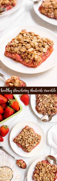 Healthy Strawberry Rhubarb Crumble -- only 115 calories & so easy to make! Perfect for summer desserts! My family is totally obsessed & asks for this ALL the time! ♡ best strawberry rhubarb crisp recipe. healthy strawberry rhubarb crisp. easy gluten free strawberry rhubarb crisp. healthy clean eating rhubarb recipe. #healthyrecipes