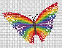 Striking and bright cross stitch pattern of a magical rainbow butterfly. If you would prefer to stitch a small version of the butterfly, please see this listing: https://www.etsy.com/uk/listing/269129682/  • Stitch count: 89 wide x 68 high • Approximate size on 14 count aida: 6.4in wide x 4.9in high (16.2cm wide x 12.3cm high) • 7 colours, DMC numbers given • Uses full cross stitches; no backstitch or fractional stitches • Stitch on fabric of your colour choice (image is shown on white fabric...