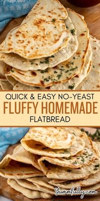 For me, there is nothing more comforting than homemade bread. This no-yeast recipe is quick, easy, fluffy, and irresistible. Surprise your family and guests with a delicious meal complemented by soft and delicious homemade flatbread. All you need is a bowl, a rolling pin, and a skillet!