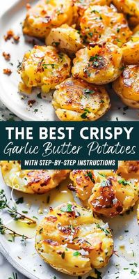 Enjoy crispy smashed potatoes that are crispy on the outside, soft and fluffy on the inside. Drizzled with savory garlic butter and fresh herbs, this garlic smashed potatoes recipe is the perfect side dish for steak, roast chicken, holidays, and game day.