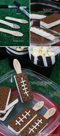 Kick off the start of the season with a fun football party! These themed treats, decor and games will make the party a blast, even for non football fans! Love these football ice cream sandwiches.