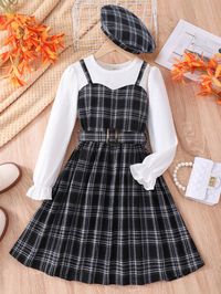 Tween Girl Contrast Plaid Flounce Sleeve 2 In 1 Dress Black and White Casual  Long Sleeve Fabric Plaid A Line Non-Stretch  Tween Girls Clothing, size features are:Bust: ,Length: ,Sleeve Length: