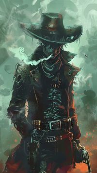 The image is a skeleton wearing a cowboy hat and smoking a cigarette. It is dressed in a black duster and has a gun belt with two revolvers ->> more details in ai-img-gen.com