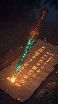 A slender blade with a carved hilt hovers above an ancient parchment etched in glowing symbols. Greenish crystals embedded along its polished steel shimmer whenever the tip touches the script, as if guided by its own will. Swirls of gold filigree wrap around the handle, anchoring the artifact’s arcane essence in fantasy magic artifact art. Trails of light emanate from each newly scribed glyph, revealing dark fantasy runes that seem to radiate arcane life. The dagger’s surface flickers with volatile energy, capturing the spirit of magic runes art that bestows it with unnatural precision. Weathered cobblestones set the scene, while drifting embers highlight scraps of stray parchment. Charged with ancient magic artifact energy, this self-writing instrument embodies a rune stones fantasy art a