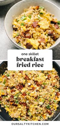 Breakfast fried rice is a healthy hearty breakfast recipe with the perfect balance of protein and carbs to fuel you up and keep you full! It's the perfect savory breakfast recipe if you’ve got leftover rice to use up. With plenty of bacon and eggs plus extra veggies, breakfast style fried rice is a quick and easy one pan meal, perfect for weekends, brunch, or even a midnight meal! #breakfast #breakfastideas #friedrice