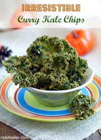 Irresistible Curry Kale Chips are easy to make—and bet you can’t eat just one. :-) #vegan #glutenfree #candida @rickiheller