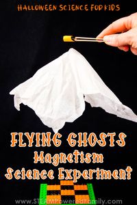 Halloween Flying Ghosts Magnetism Science Experiment - Make ghosts fly with this magnetism experiment for Halloween. A simple STEM project that involves a bit of engineering and building, then exploring the physics and science of magnetism as we make our ghosts fly about like magic! Kids love this Flying Ghosts Science that explores the power of magnets as the perfect Halloween Science Experiment. Click to get all the details from STEAM Powered Family.