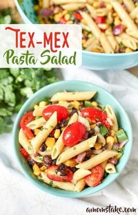 All the flavor of Texas and Mexico in one exciting, flavorful pasta salad! This Tex-Mex pasta salad is a crowd pleaser. Topped with a homemade dressing and loaded with veggies, this recipe offers the whole