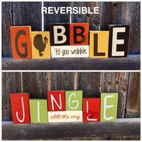 "These are perfect for your Thanksgiving and Christmas decor!! Thanksgiving The blocks are stained then the fronts painted straw yellow, ivory, dark orange and dark brown. Light ivory and dark brown vinyl lettering is applied then they are sealed. Christmas The blocks are stained then the fronts painted red and light green and light ivory. Light ivory and red vinyl lettering is applied then they are sealed. They are finished off with a cute red bell. Set measures--6.5\" tall 21\" long AN ORIGINA