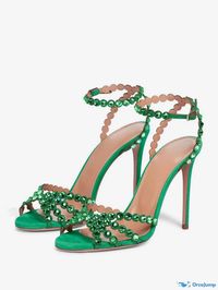 OrcaJump - Elegant Green Open Toe High Heel Sandals with Rhinestone Embellishments and Ankle Strap, perfect for Prom and Party Events