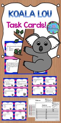 This task card activity is for use with Koala Lou by Mem Fox. It can be used in guided reading, a literacy center or playing scoot!  The children can record their responses on the printable or in a reading response notebook. You may enjoy playing Scoot! Included: 16 Comprehension Task Cards 1 Answer Sheet 1 Teacher's edition answer sheet  Print on cardstock Cut apart and laminate Place in literacy center