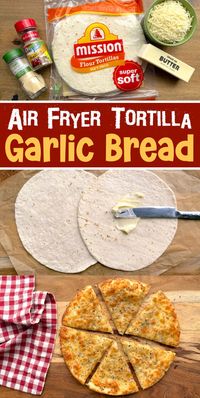 👩‍🍳🔥 AMAZING! This easy way of making garlic bread in your air fryer is a game changer. Simply slather TWO flour tortillas with soft butter, sprinkle on shredded mozzarella cheese, season with garlic powder and Italian seasoning, and then stack the tortillas together. Air fry for about 5 minutes and you're done! Easy enough for kids to make as a quick snack. I make this often as a last minute side dish for dinner. Try it with salad or pasta! It's gooey in the middle with crispy and flavorful edges.