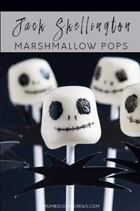 What's this? What's this? These quick and easy Jack Skellington marshmallow pops are the perfect Halloween treat for spooking your trick or treaters, kids and adults alike. #halloween #jackskellington #nightmarebeforeChristmas #marshmallows #candy #simplerecipes #crumbscorkscrews | crumbscorkscrews.com