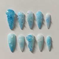 Jellyfish 3D gel press ons nails set Every order comes with a full application kit which includes: - nail file - adhesive tabs - nail glue - nail buffer - alcohol wipes - cuticle pusher and as well as some complimentary freebies. Shape shown in the picture is L - Almond Please note: Because each nail set is crafted by hand, there may be subtle differences from the pictures. Please add your nails measurements when ordering. Follow kittyclaws.nailz for custom order and more !!