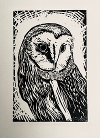 Lino print of a Barn Owl on 250 gsm Fabriano paper. Mounted in A4 size ivory colour mount.