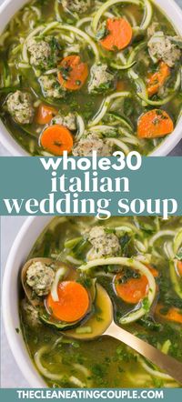 This Healthy Italian Wedding Soup is the perfect cozy, easy dinner. This soup is gluten free, grain free and dairy free but packed with turkey meatballs and veggies! Low carb and delicious - you can make this soup in your crockpot or on the stovetop! This is a clean eating recipe everyone will love.