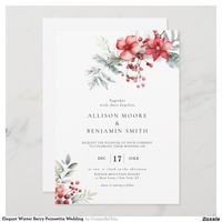 Simple & elegant winter berry and Christmas greenery bouquet wedding invitation.