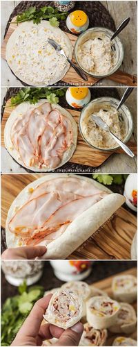 Making these Turkey Ranch Roll Ups is so simple, just mix up the cheese, ranch, and veggies, spread it on the tortilla, layer with shaved turkey and roll it up! Perfect appetizer. Seriously!