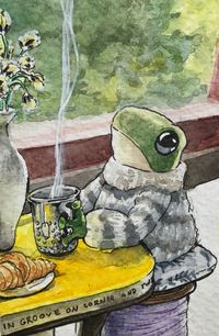 Illustration print of a little frog enjoying a warm drink on a sunny morning as light shines into a room and steam drifts into the air.  Printed on luster Epson paper. Dimensions: 5" x 7" with a 0.5" boarder Frame not included